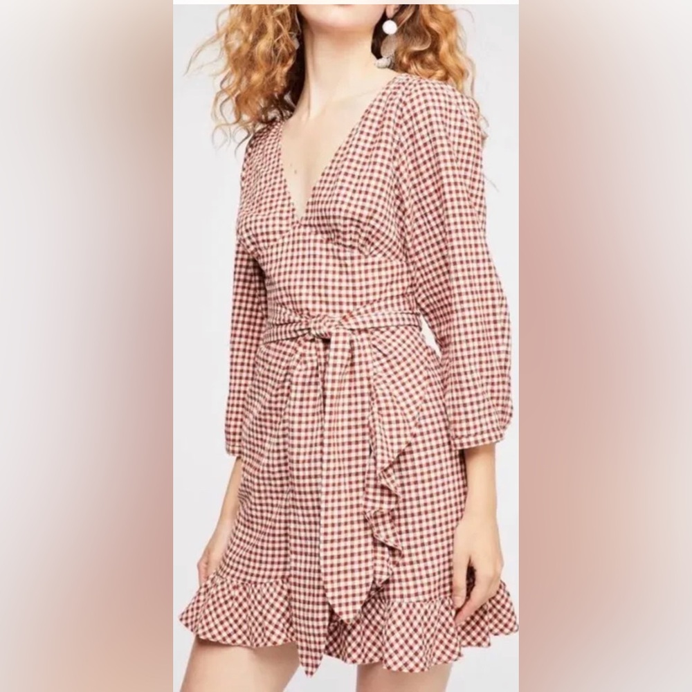 Women's Free People "Fargo" Brick Red Faux Wrap Gingham Plaid Dress. Size 10